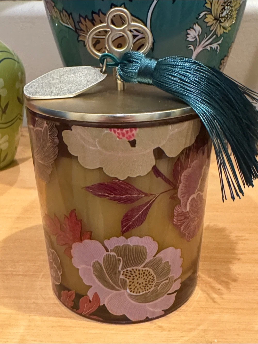 Anthropologie Honeycrisp Oakwood Glass Candle with Gold Lid and Teal Tassel